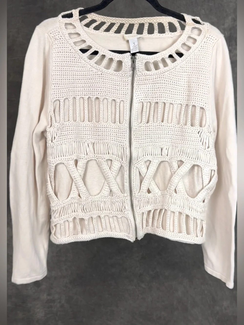 Chico’s Size 3 | Cream Crochet Zip Front Sweater Jacket - Picture 3 of 6